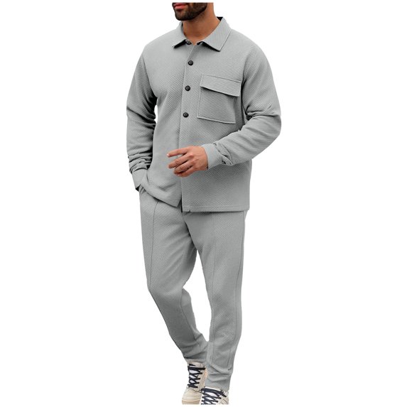 Mrmaere Men’s Denim Style Casual Set Long Sleeve Button Front Sturdy Fabric Functional Pockets Classic Design Wear for Street Looks Daily Commutes Gray XXXL