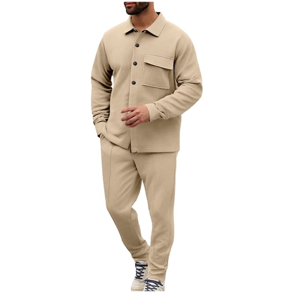 Mrmaere Men’s Denim Style Casual Set Long Sleeve Button Front Sturdy Fabric Functional Pockets Classic Design Wear for Street Looks Daily Commutes Khaki XXL