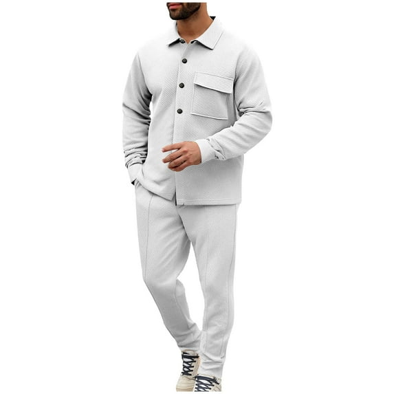 Mrmaere Men’s Denim Style Casual Set Long Sleeve Button Front Sturdy Fabric Functional Pockets Classic Design Wear for Street Looks Daily Commutes White XXXL