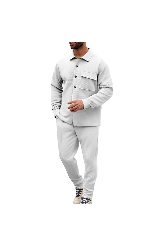 Men’s Denim Style Casual Set Long Sleeve Button Front Sturdy Fabric Functional Pockets Classic Design Wear for Street Looks Daily Commutes White XXL