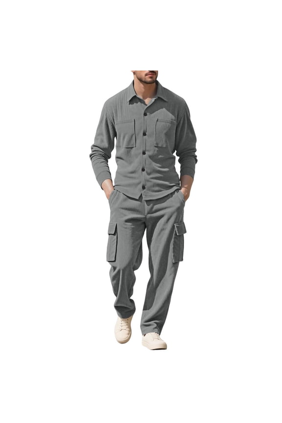 Men’s Denim Style Pullover Casual Two Piece Set Long Sleeve Button Front Sturdy Fabric Classic Design Wear for Street Looks Leisure Activities Gray L