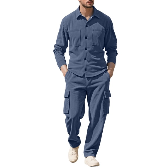 Mrmaere Men’s Denim Style Pullover Casual Two Piece Set Long Sleeve Button Front Sturdy Fabric Classic Design Wear for Street Looks Leisure Activities Navy M