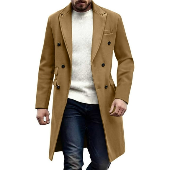 Mrmaere Men's Double-Breasted Long Coat Notched Lapel Stylish Warm Outerwear for Formal & Casual Beige M