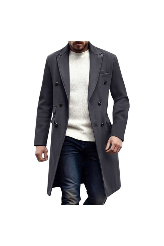 Men's Double-Breasted Long Coat Notched Lapel Stylish Warm Outerwear for Formal & Casual Gray XXL