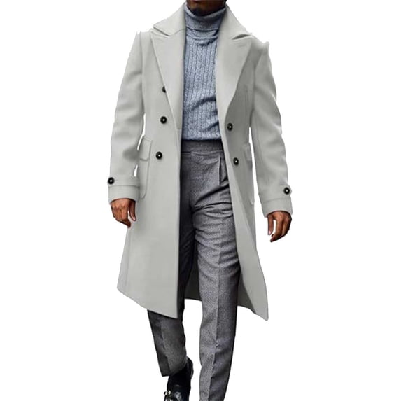 Mrmaere Men's Double-Breasted Long Coat Notched Lapel Warm Stylish Outerwear for Winter Formal & Casual Gray L