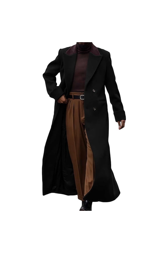 Men's Double-Breasted Maxi Coat Notched Lapel Stylish Warm Outerwear for Formal & Daily Black L
