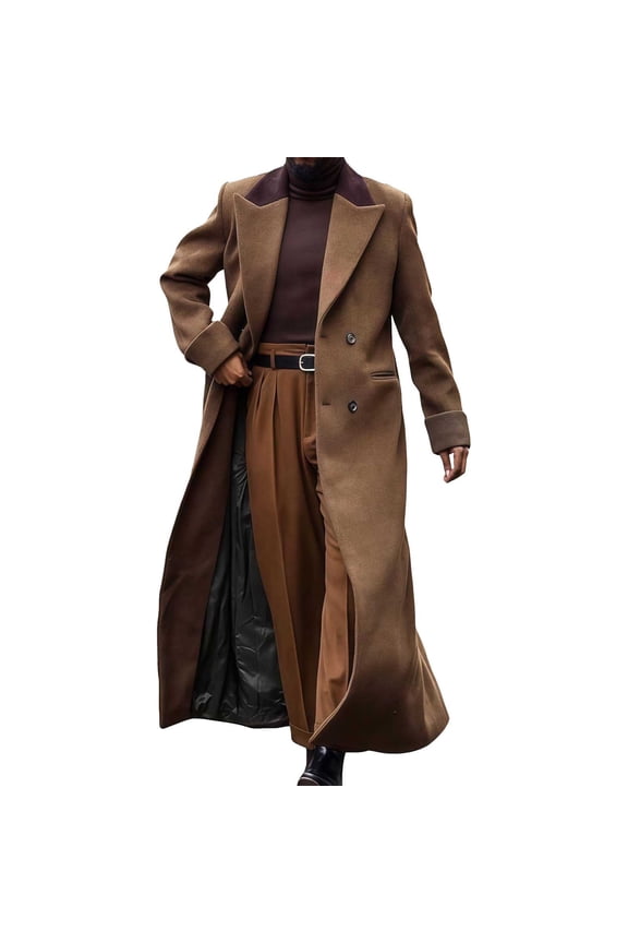 Men's Double-Breasted Maxi Coat Notched Lapel Stylish Warm Outerwear for Formal & Daily Brown XXL