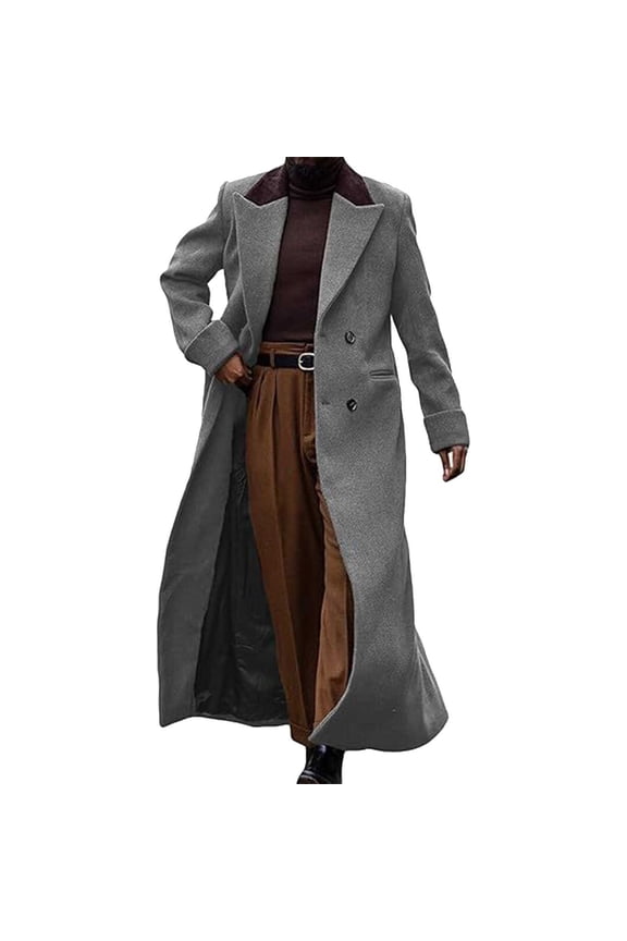 Men's Double-Breasted Maxi Coat Notched Lapel Stylish Warm Outerwear for Formal & Daily Gray M