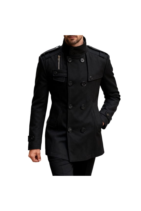 Men's Double-Breasted Stand Collar Trench Coat Military Detail Stylish Warm Outerwear for Formal & Daily Black L