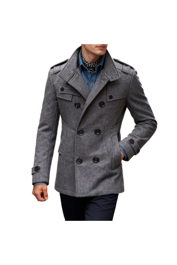 Men's Double-Breasted Stand Collar Trench Coat Military Detail Stylish Warm Outerwear for Formal & Daily Gray XXL