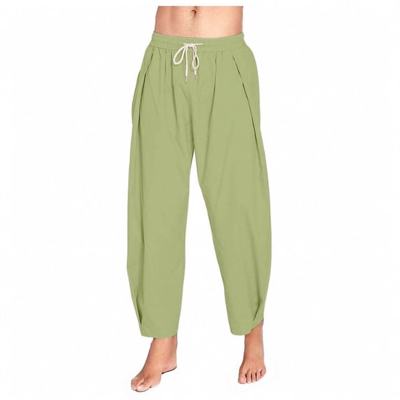 Mrmaere Men’s Drawstring Cuffed Casual Pants Long Leg Lightweight Fabric Roomy Pockets Wear for Summer Outings Home Relaxation Army Green S