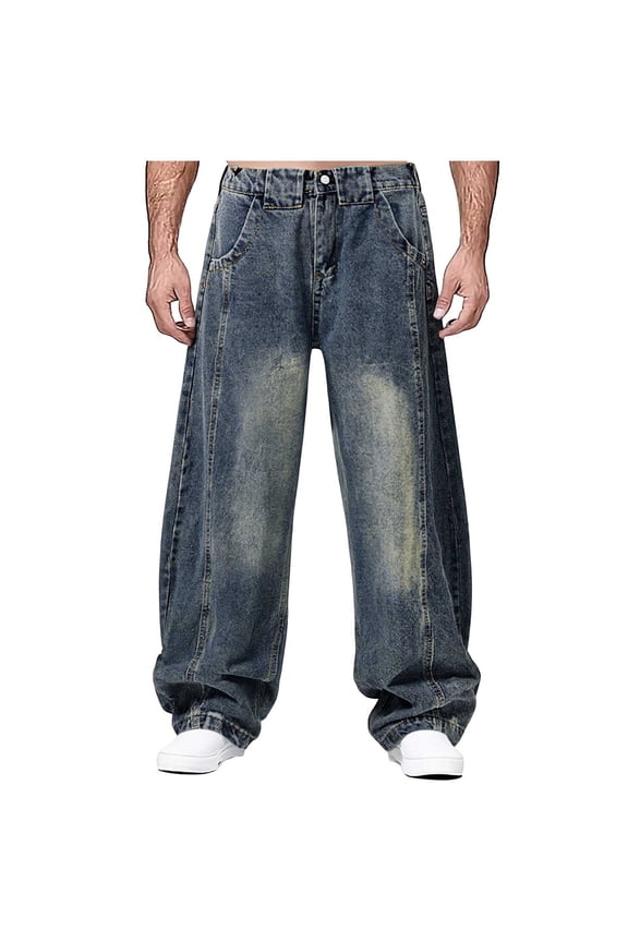 Men’s Extra Wide Leg Distressed Denim Pants Long Leg Trendy Design Relaxed Fit Wear for Special Occasions Casual Gatherings Dark Blue L