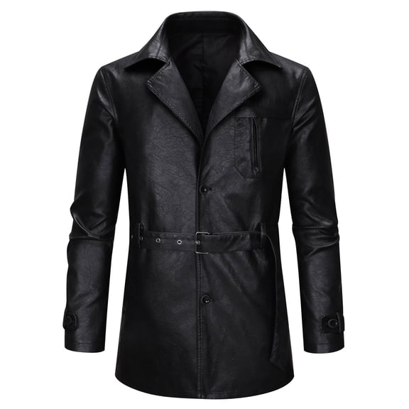 Mrmaere Men's Faux Leather Trench Coat Belted Stylish Jacket for Casual & Formal Wear Black M