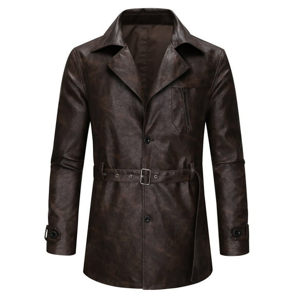 Mrmaere Men's Faux Leather Trench Coat Belted Stylish Jacket for Casual & Formal Wear Coffee L