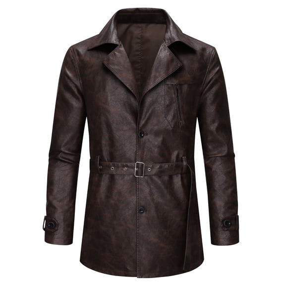 Mrmaere Men's Faux Leather Trench Coat Belted Stylish Jacket for Casual & Formal Wear Coffee XL