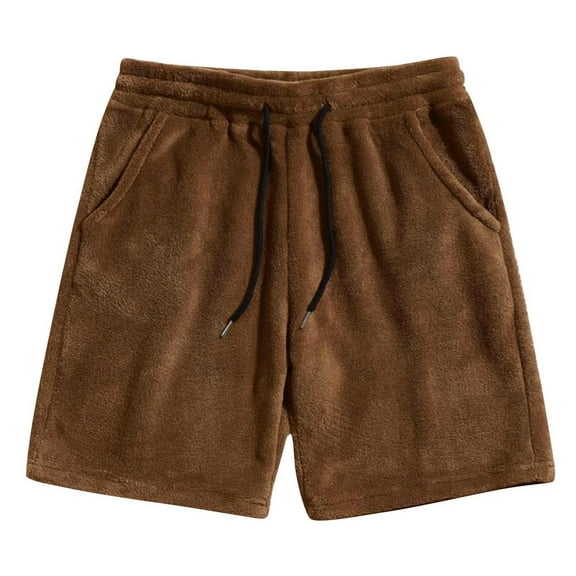 Mrmaere Men's Fleece Fabric Shorts Relaxed Style Elastic Waist Drawstring Closure Warm for Home Casual Lounging Brown S