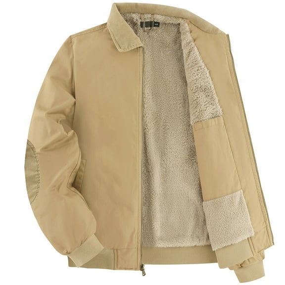 Mrmaere Men's Fleece-Lined Jacket Classic Collared Warm Coat for Casual & Outdoor Wear Khaki L