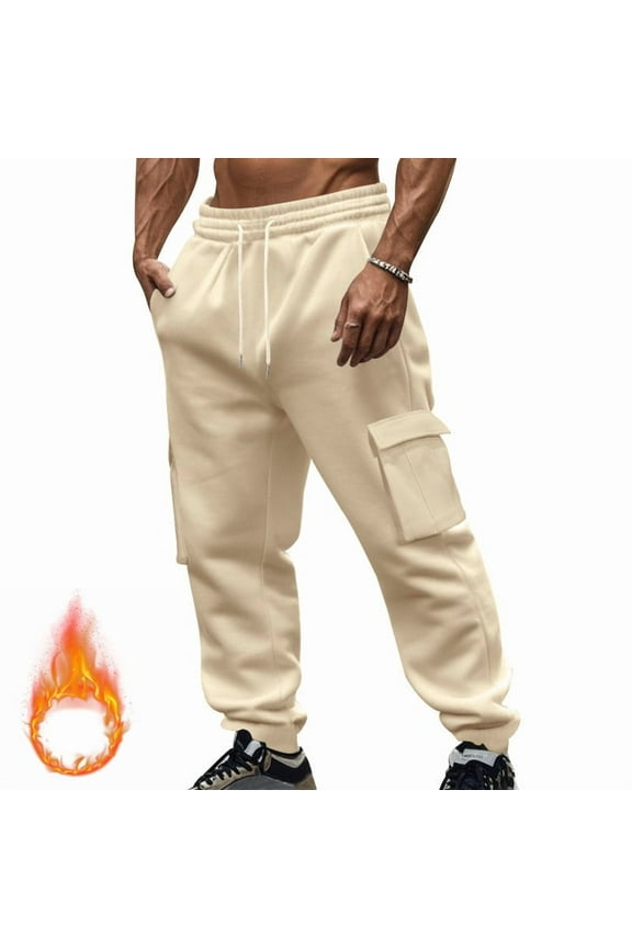 Men’s Fleece Lined Straight Leg Cargo Pants Long Leg Warm Fabric Comfortable Design Wear for Cold Weather Home Lounging Khaki M