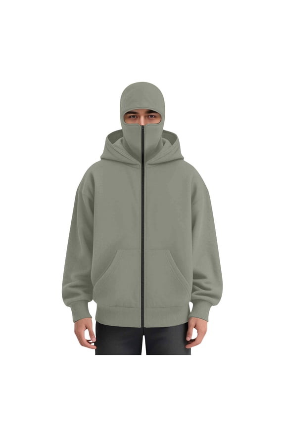 Men's Full-Coverage Hooded Zip-Up Jacket Face-Concealing Warm Casual Outerwear for Outdoor & Daily Wear Green XXL