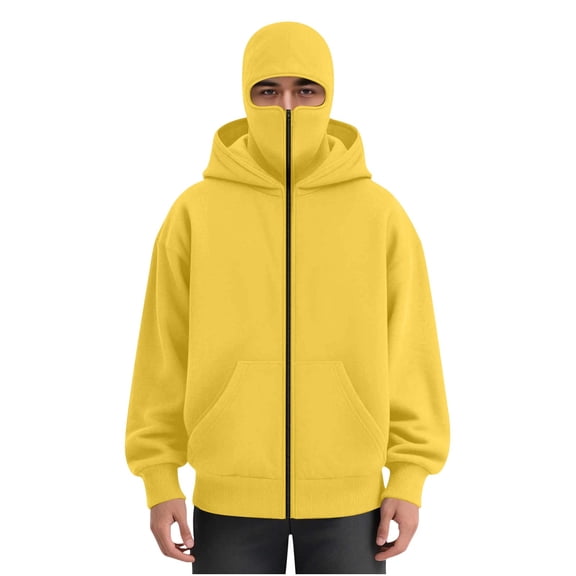 Mrmaere Men's Full-Coverage Hooded Zip-Up Jacket Face-Concealing Warm Casual Outerwear for Outdoor & Daily Wear Yellow M