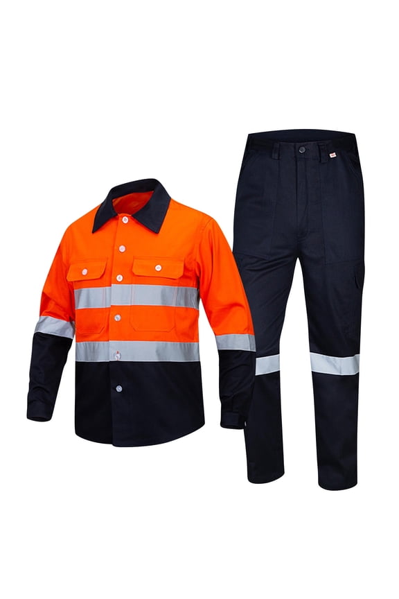 Men’s Heavy Duty Work Set Long Sleeve Reinforced Seams Multi Pockets Water Resistant Fabric Comfortable Design Workwear for Automotive Repair Factory Tasks Orange XXXL