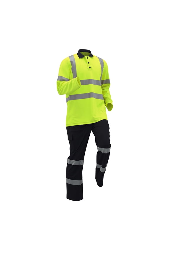 Men’s High Visibility Work Set Long Sleeve Button Front Reflective Details Durable Fabric Design Workwear for Warehouse Shifts Outdoor Assignments Green L