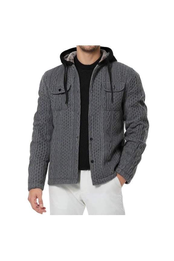 Men's Hooded Button-Front Jacket Cable Knit Texture Warm Casual Outerwear for Daily & Outdoor Wear Gray XXL