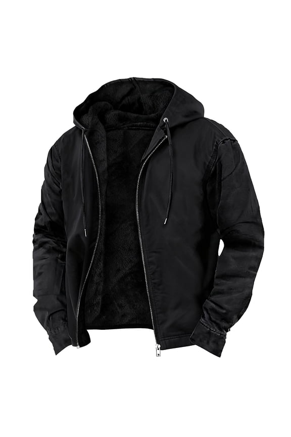 Men's Hooded Faux-Lined Jacket Drawstring Warm Coat for Winter Outdoor & Daily Wear Black L