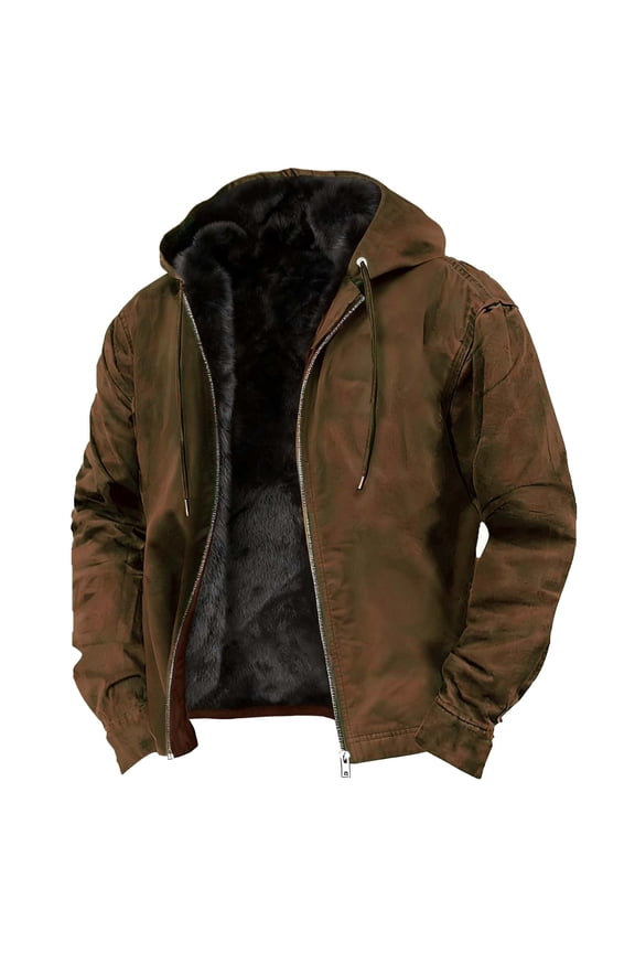 Men's Hooded Faux-Lined Jacket Drawstring Warm Coat for Winter Outdoor & Daily Wear Brown XXXL