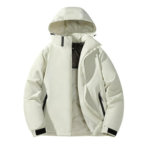 Mrmaere Men's Hooded Fleece-Lined Winter Jacket Multi-Zipper Pocket Warm Insulated Outerwear for Outdoor & Daily Wear White L