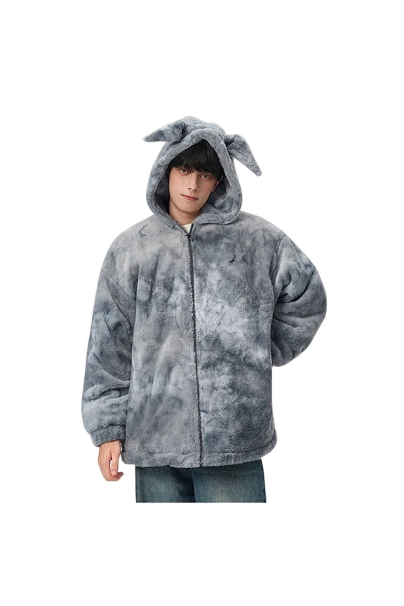 Men's Hooded Fuzzy Jacket Bunny Ear- Texture Warm Casual Outerwear for Daily & Leisure Wear Gray XXL