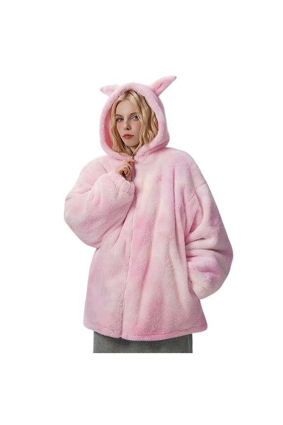 Men's Hooded Fuzzy Jacket Bunny Ear- Texture Warm Casual Outerwear for Daily & Leisure Wear Pink XXXL