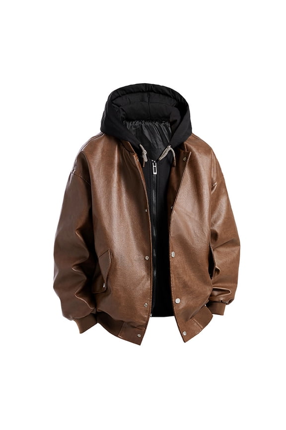 Men's Hooded Jacket Faux Leather Removable Inner Warm Outerwear for Daily & Casual Wear Brown XXL