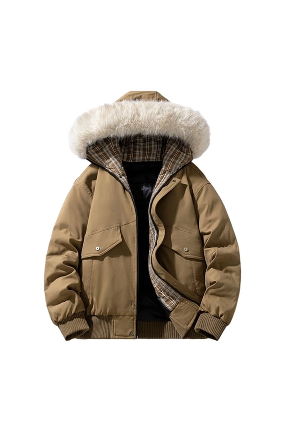 Men's Hooded Jacket Faux Plaid Lining Warm Outerwear for Daily & Casual Wear Brown M