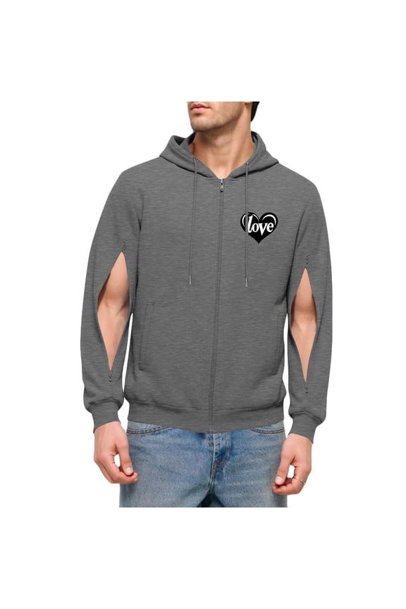 Men's Hooded Jacket Full-Zip Cut-Out Sleeve Graphic Print Stylish Casual Outerwear for Daily & Leisure Gray XXL