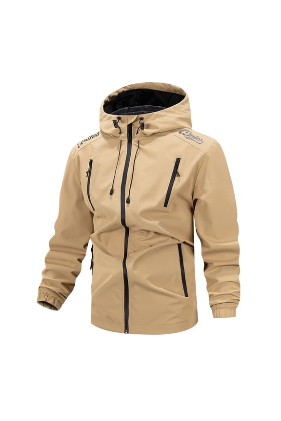 Men's Hooded Jacket Multi-Pocket Adjustable Drawstring Water- Outerwear for Outdoor & Daily Khaki XL