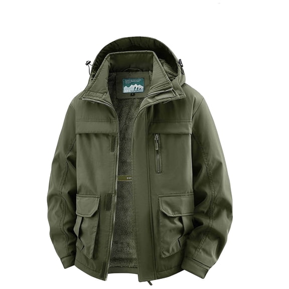 Mrmaere Men's Hooded Jacket Multi-Pocket Lined Fabric Warm Outerwear for Outdoor & Daily Army Green L