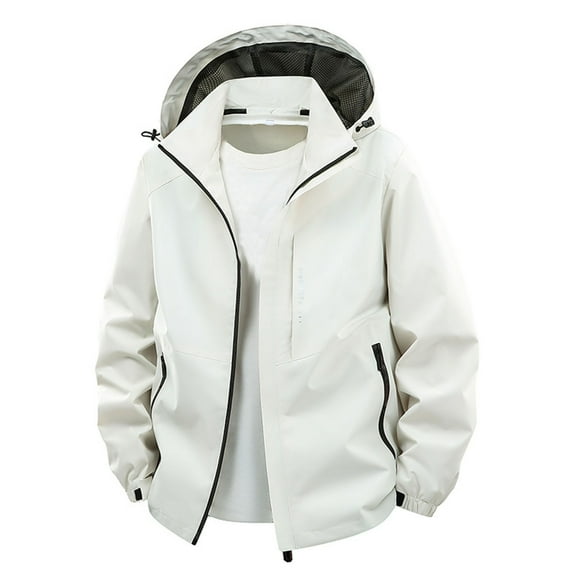 Mrmaere Men's Hooded Jacket Windproof Fabric Full-Zip Functional Stylish Outerwear for Daily & Outdoor White L
