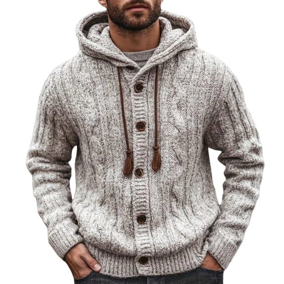 Mrmaere Men's Hooded Knit Cardigan Button-Front Cable-Knit Detail Warm Stylish Outerwear for Daily & Leisure Gray M