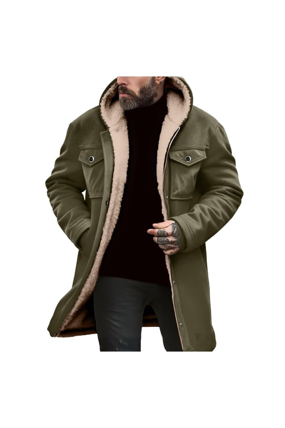 Men's Hooded-Lined Long Jacket Multi-Pocket Warm Coat for Winter Casual & Outdoor Wear Army Green L