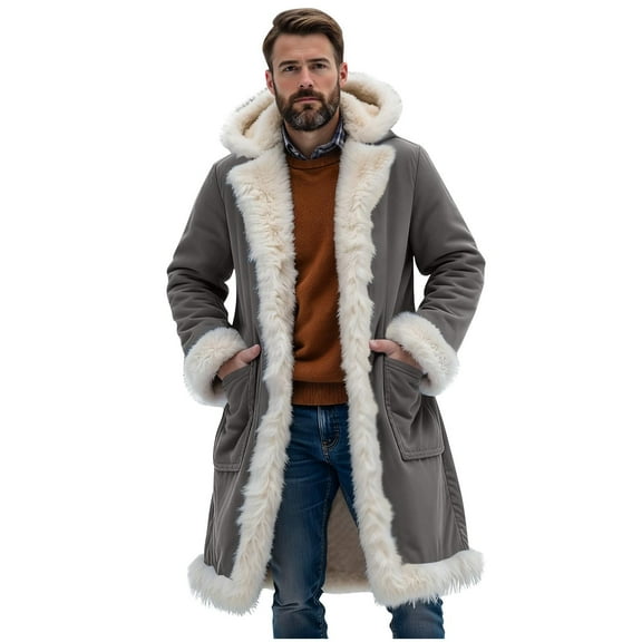 Mrmaere Men's Hooded Long Faux-Trimmed Coat Pocket Warm Stylish Outerwear for Winter Casual & Daily Wear Gray XL