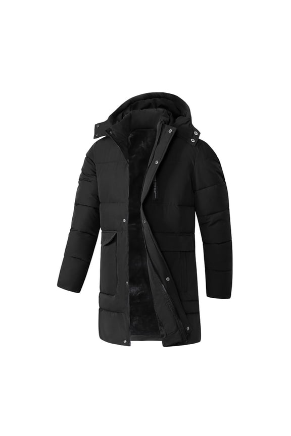 Men's Hooded Long Puffer Coat Multi-Pocket-Lined Warm Jacket for Winter Outdoor & Daily Wear Black XXL