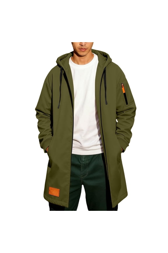 Men's Hooded Longline Coat with Pockets Casual Fashion Windproof Jacket for Daily Wear & Outdoor Activities Army Green L