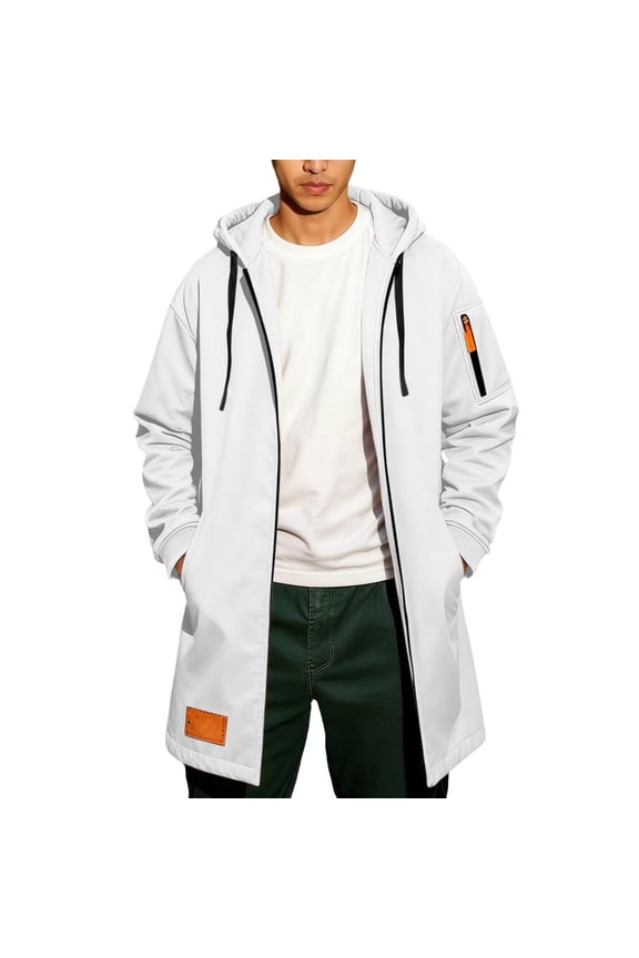 Men's Hooded Longline Coat with Pockets Casual Fashion Windproof Jacket for Daily Wear & Outdoor Activities White XXL
