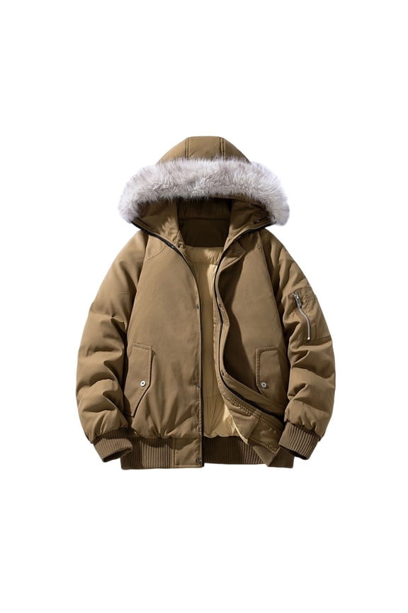 Men's Hooded Puffer Jacket Faux Warm Stylish Outerwear for Daily & Leisure Wear Brown XXL
