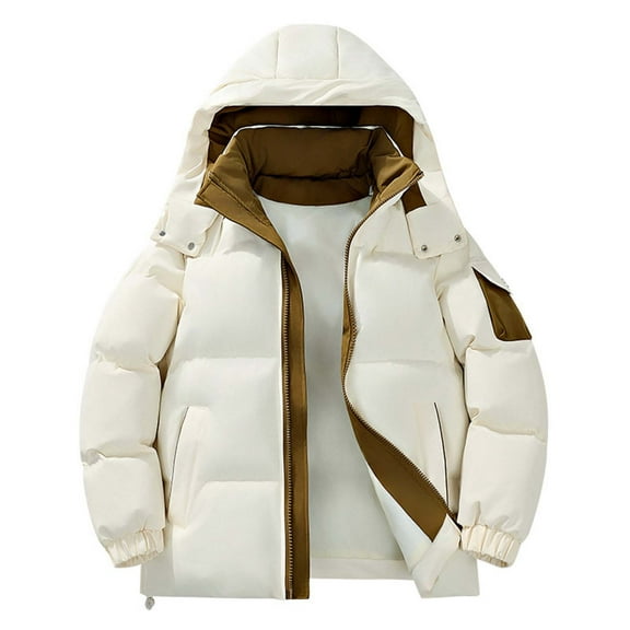 Mrmaere Men's Hooded Puffer Jacket Full-Zip Contrast Lining Quilted Warm Stylish Outerwear for Daily & Cold-Weather Beige L