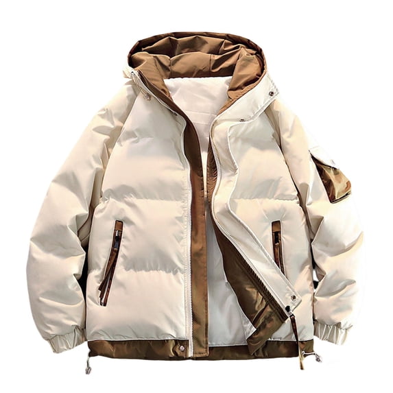Mrmaere Men's Hooded Puffer Jacket Full-Zip Contrast Quilted Warm Stylish Outerwear for Daily & Casual Beige XXXL