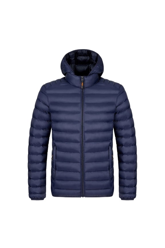 Men's Hooded Puffer Jacket Full-Zip Horizontal Quilted Lightweight Warm Outerwear for Daily & Cold-Weather Dark Blue XXXL