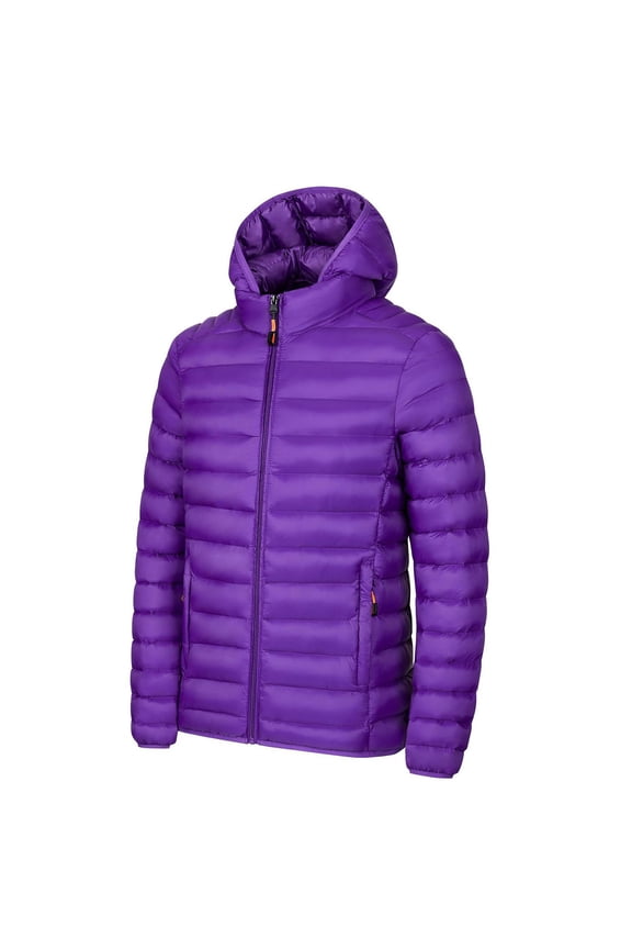 Men's Hooded Puffer Jacket Full-Zip Horizontal Quilted Lightweight Warm Outerwear for Daily & Cold-Weather Purple L