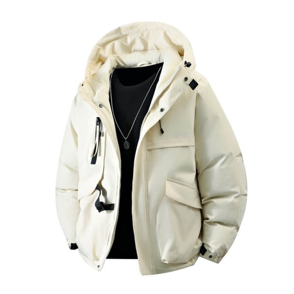 Mrmaere Men's Hooded Puffer Jacket Full-Zip Multi-Pocket Quilted Warm Stylish Outerwear for Daily & Outdoor Beige M